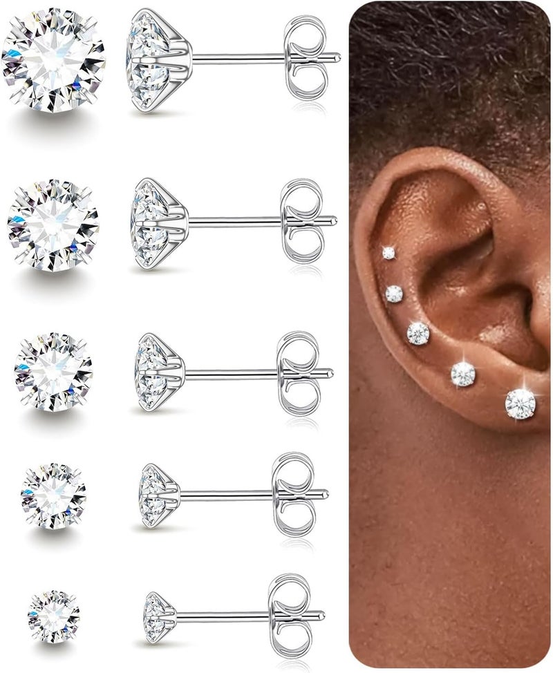 AMASIS Stud Earrings for Women Men, Hypoallergenic Women's 14K Gold Plated 316L Stainless Steel CZ Studs Earrings Simulated Diamond Round Cubic Zirconia Ear Stud Set - Image 1
